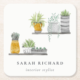 Potted House Plants Watercolor Botanical Square Paper Coaster