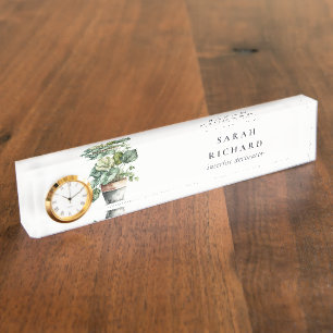Potted Leafy House Plants Watercolor Botanical  Nameplate
