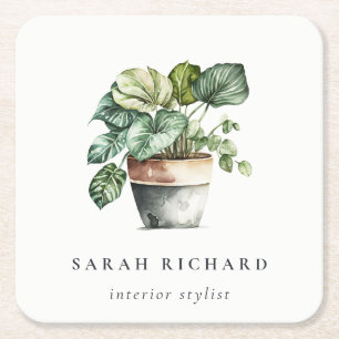 Potted Leafy House Plants Watercolor Botanical Square Paper Coaster