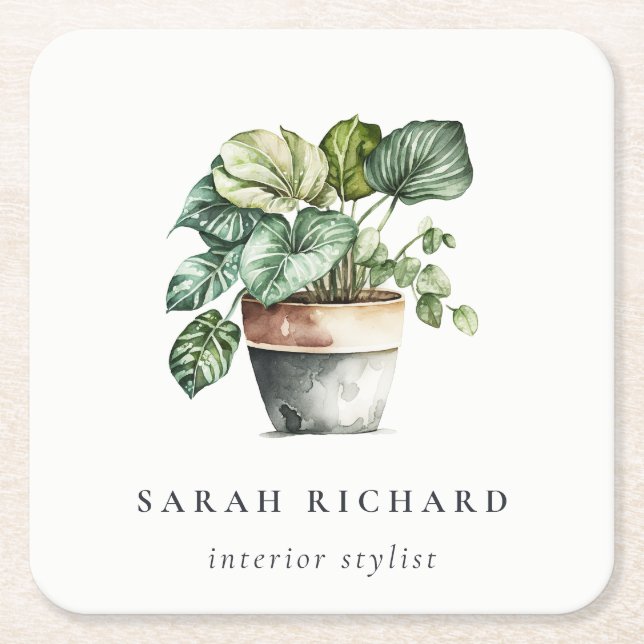 Potted Leafy House Plants Watercolor Botanical  Square Paper Coaster (Front)