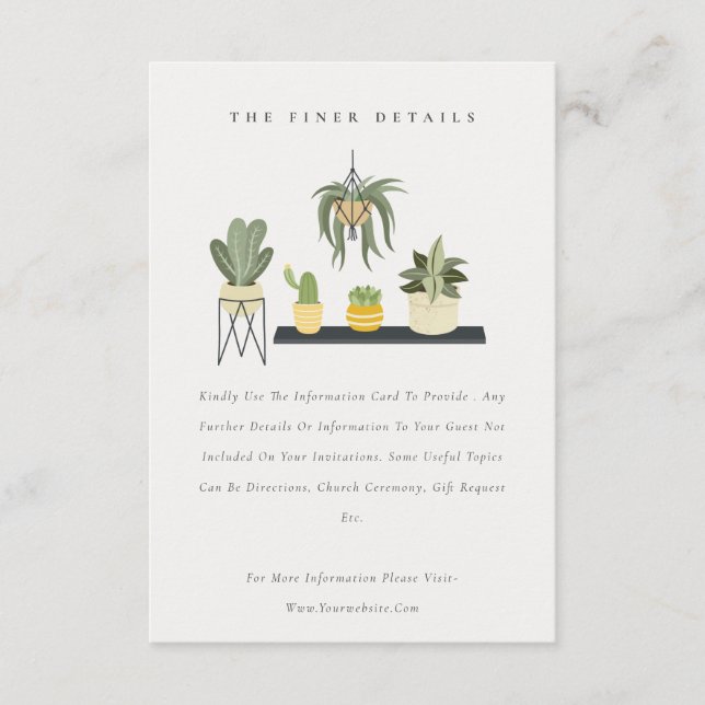 Potted Leafy Succulent Plants Wedding Details Enclosure Card (Front)