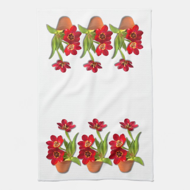 Potted Mature Red Tulips Photograph Tea Towel (Vertical)