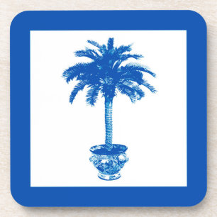 Potted Palm Tree - cobalt blue and white Coaster