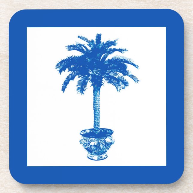 Potted Palm Tree - cobalt blue and white Coaster (Front)