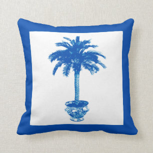 Potted Palm Tree - cobalt blue and white Cushion
