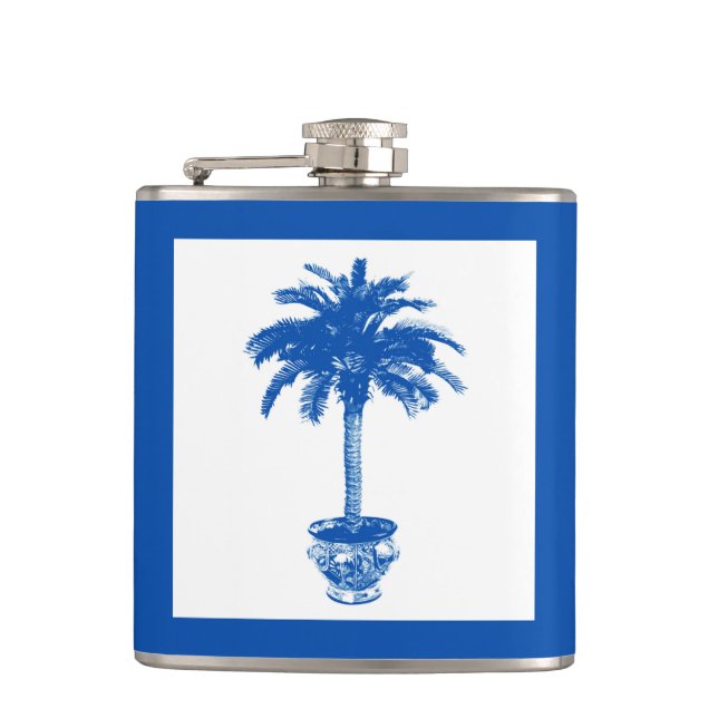Potted Palm Tree - cobalt blue and white Hip Flask (Front)