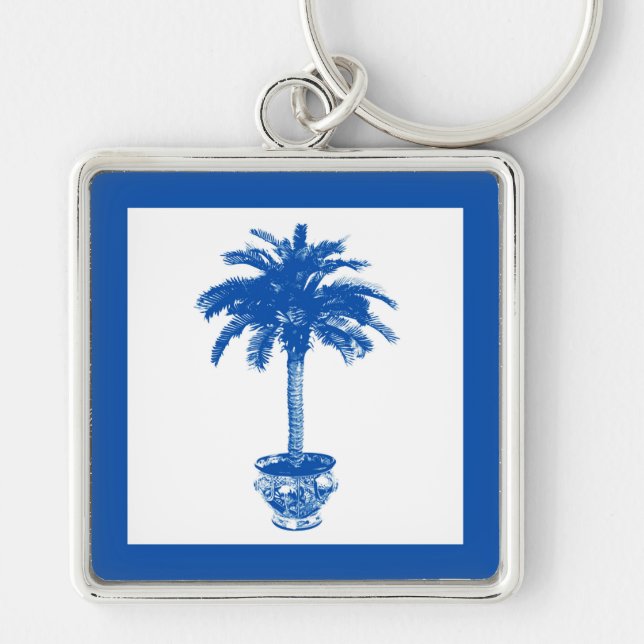 Potted Palm Tree - cobalt blue and white Key Ring (Front)