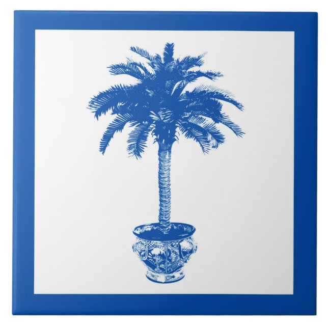 Potted Palm Tree - cobalt blue and white Tile (Front)