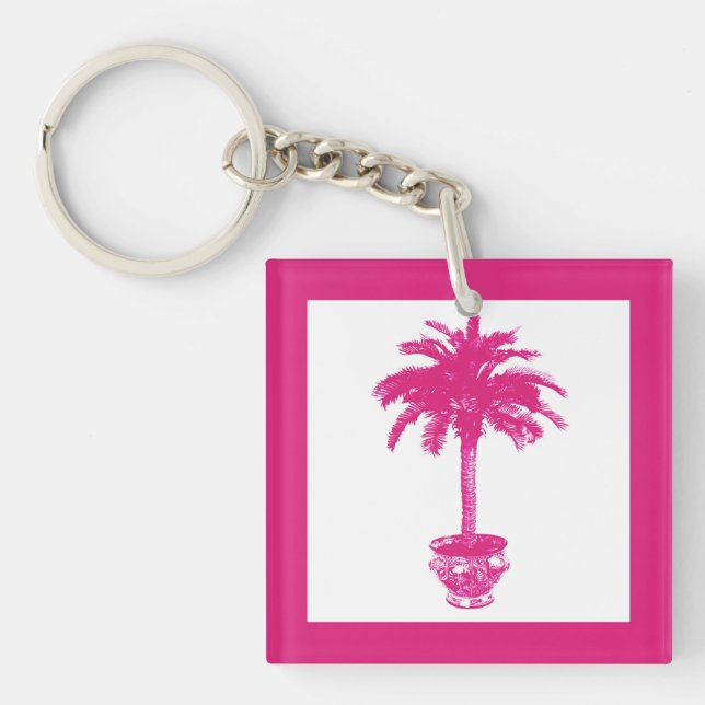 Potted Palm Tree - fuchsia pink and white Key Ring (Front)