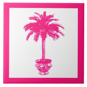 Potted Palm Tree - fuchsia pink and white Tile