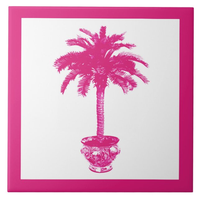 Potted Palm Tree - fuchsia pink and white Tile (Front)