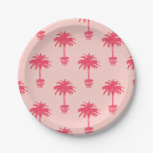 Potted Palm Tree in Shades of Coral Pink Paper Plate