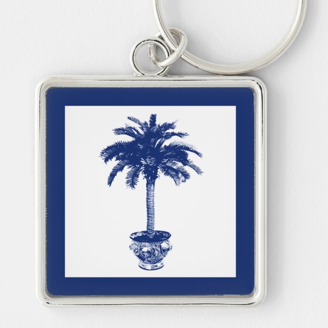 Potted Palm Tree - navy blue and white Key Ring (Front)