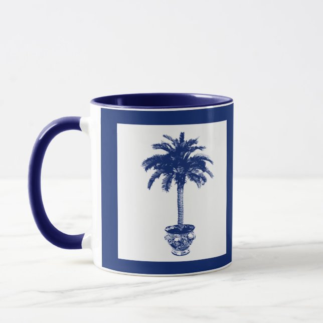 Potted Palm Tree - navy blue and white Mug (Left)