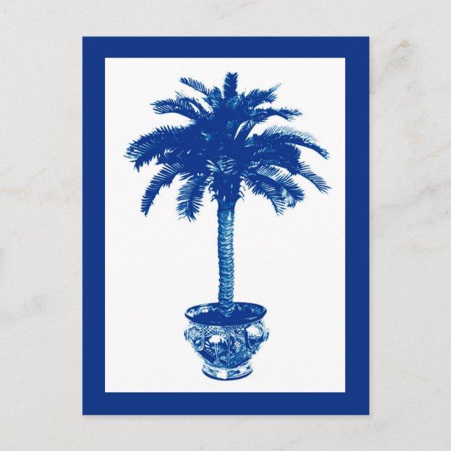 Potted Palm Tree, Navy Blue and White Postcard (Front)