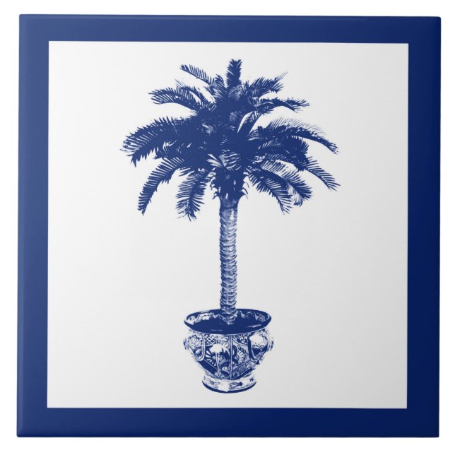 Potted Palm Tree - navy blue and white Tile (Front)
