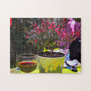 Potted pink Flowers and wine in Paris Jigsaw Puzzle