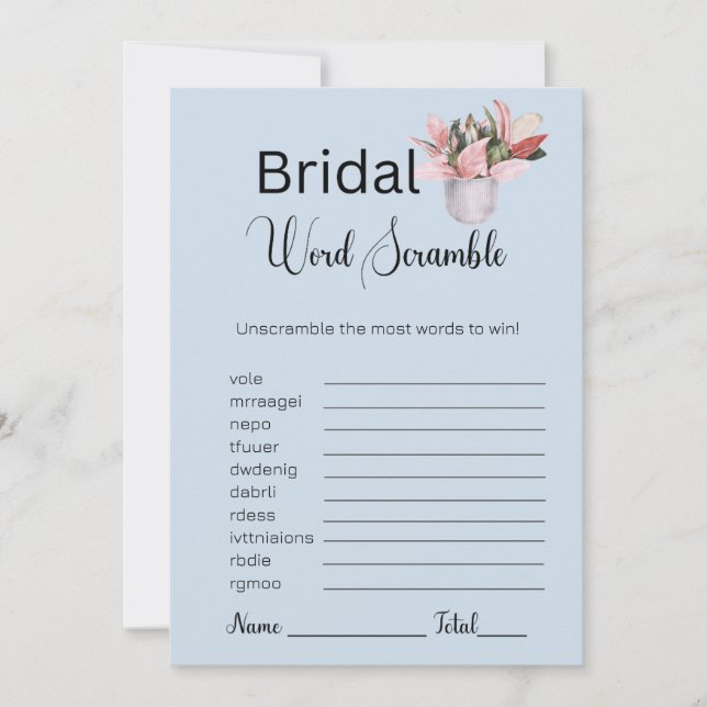 Potted Plant Bridal Blue Word Scramble Game Invitation (Front)