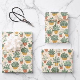 Potted Plants Botanical Illustration Style Medium Wrapping Paper Sheet