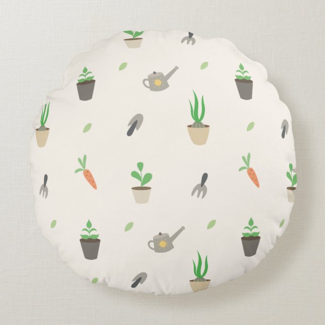 Potted Plants & Gardening Tools Pattern Round Cushion (Front)