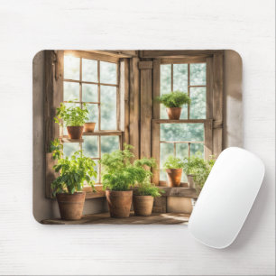 Potted Plants in Sunny Farmhouse Window Mouse Mat