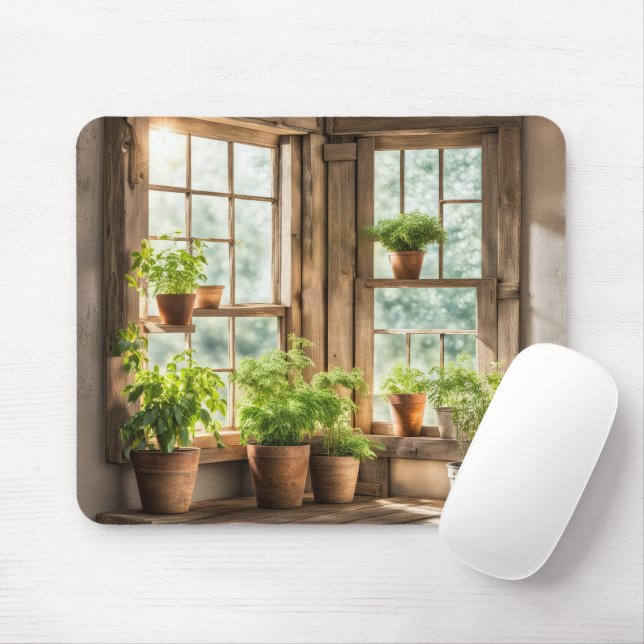 Potted Plants in Sunny Farmhouse Window Mouse Mat (With Mouse)