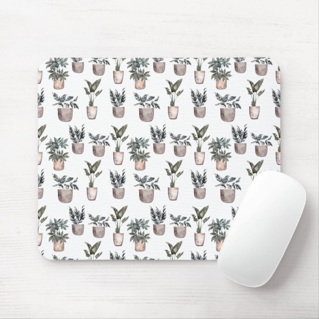 Potted Plants On White Mouse Mat (With Mouse)