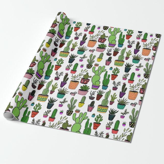 Potted Plants Succulents Cacti Colourful Cute Gift Wrapping Paper (Unrolled)