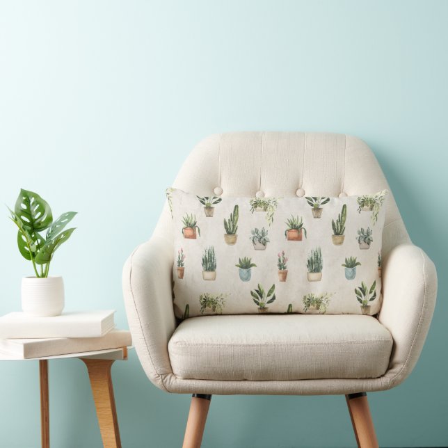 Potted Plants Watercolor Design Lumbar Cushion (Chair)