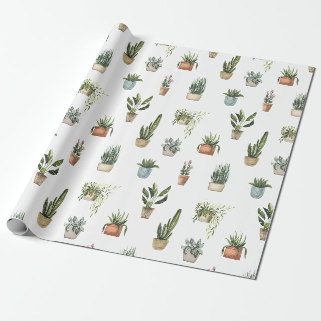 potted plants watercolor design wrapping paper (Unrolled)