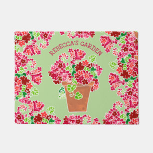 Potted Red Geraniums Floral Monogrammed Name Doormat