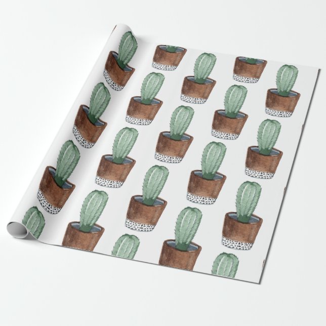 Potted Succulent Cactus Houseplant Wrapping Paper (Unrolled)
