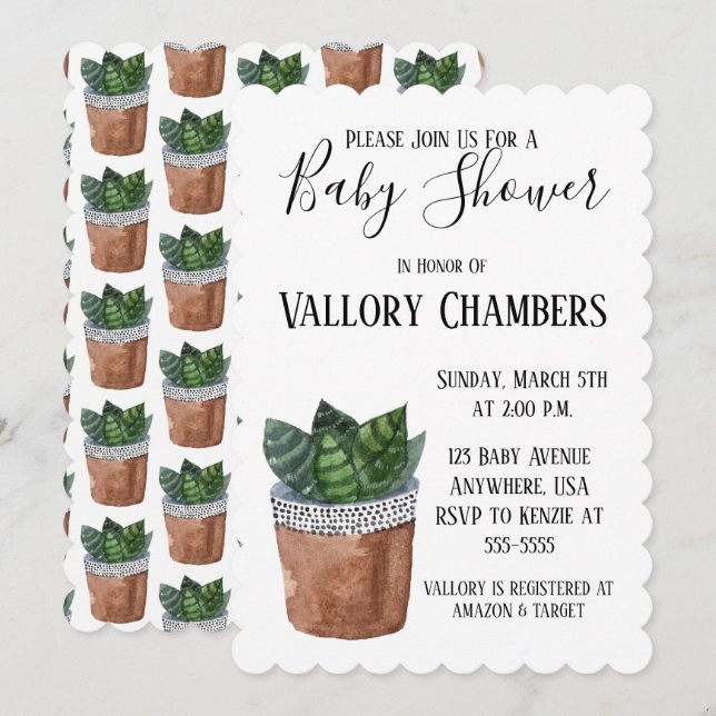 Potted Succulent Plant Baby Shower Invitation (Front/Back)