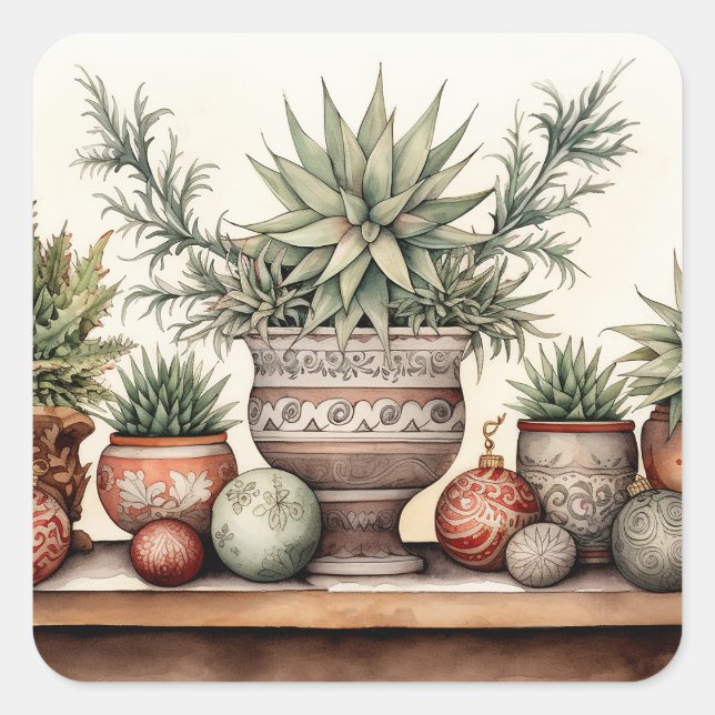 Potted Succulents Southwestern Holiday Christmas Square Sticker (Front)