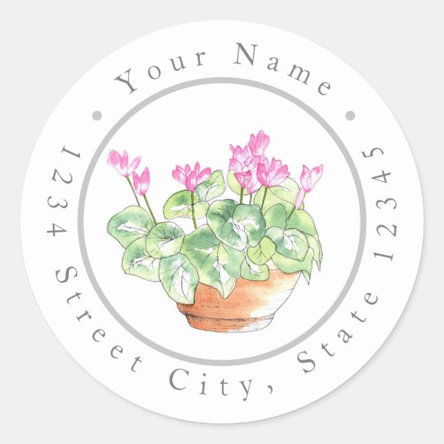 Potted Watercolor Cyclamen Classic Round Sticker (Front)