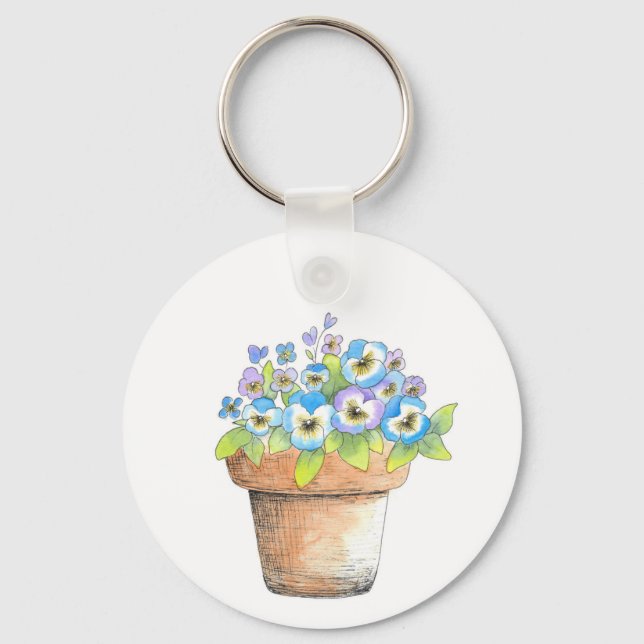 Potted Watercolor Pansies Key Ring (Front)