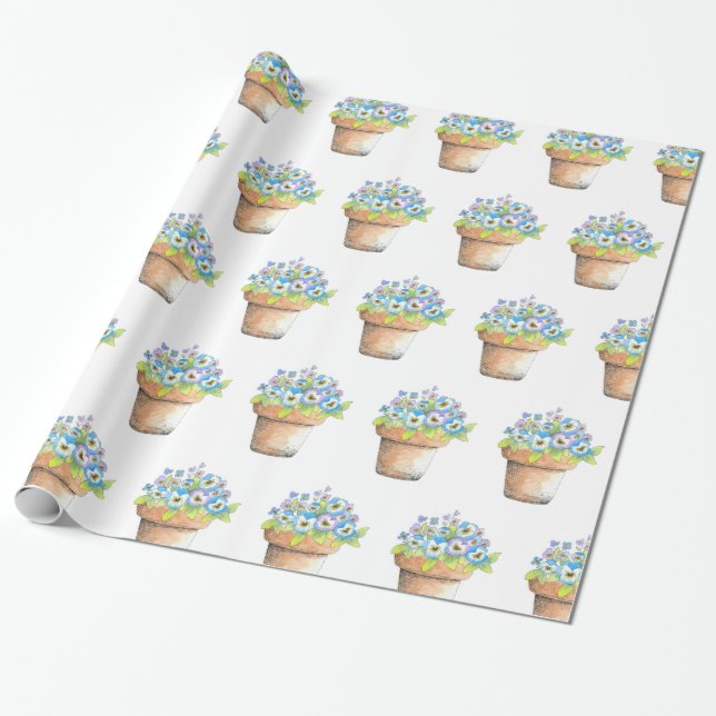 Potted Watercolor Pansies Wrapping Paper (Unrolled)
