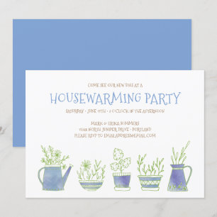 Pottery and Plants Housewarming Party Blue Invitation