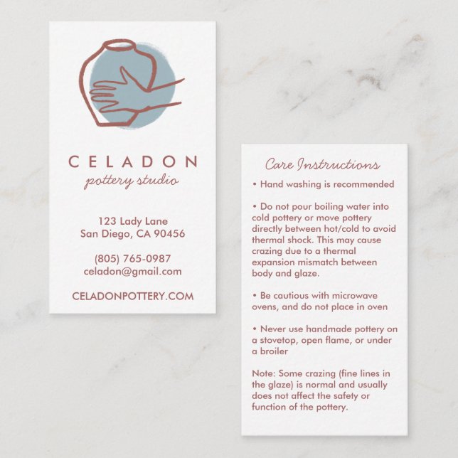 POTTERY Handmade Ceramics CARE Instructions  Business Card (Front/Back)