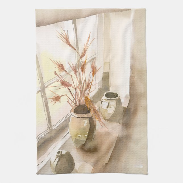 Pottery in Window Watercolor on Kitchen Towel (Vertical)