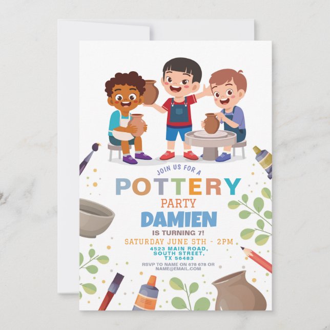 Pottery Making Crafts Clay Art Pots Boys Birthday Invitation (Front)