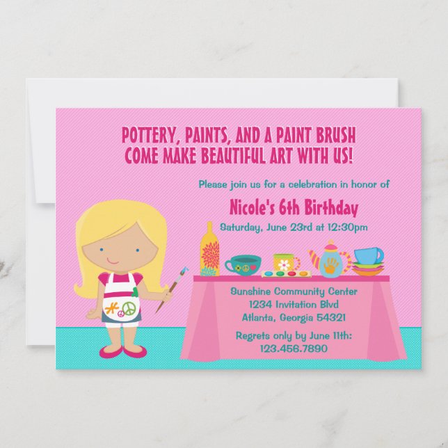 Pottery Painting Arts and Crafts Birthday Party Invitation (Front)