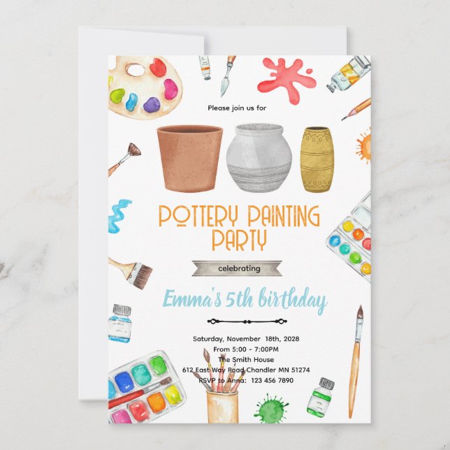 Pottery Painting party theme invitation  (Front)