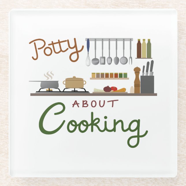 Potty About Cooking Illustrative Design Glass Coaster (Front)