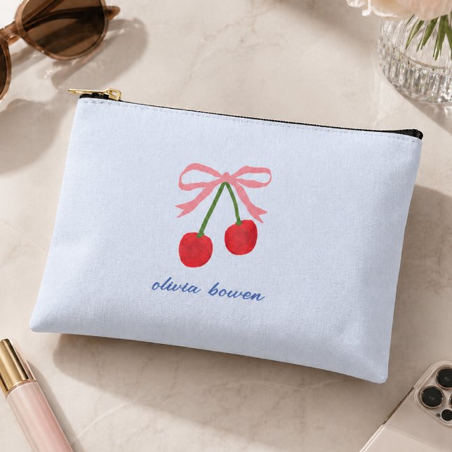 Pouch | Cherry Coquette Bow Cute Illustration (A cute custom design pouch with coquette bow and cherries, perfect for gifting or everyday use)