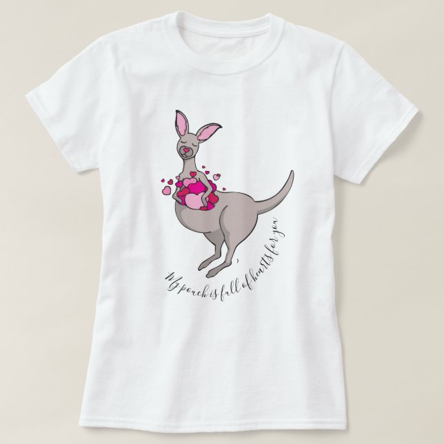 Pouch of pink hearts grey kangaroo graphic t-shirt (Design Front)