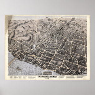 Poughkeepsie New York 1874 Antique Panoramic Map Poster