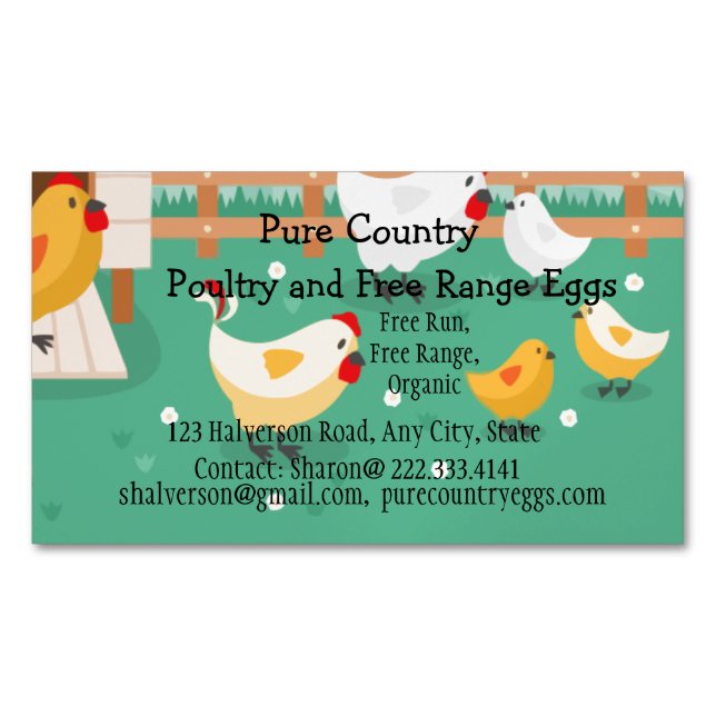 Poultry, Chicken Farm  Eggs Free Run, Organic  Magnetic Business Card (Front)