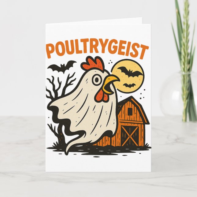 Poultrygeist Funny Chicken Ghost Halloween Pun Des Card (Front)
