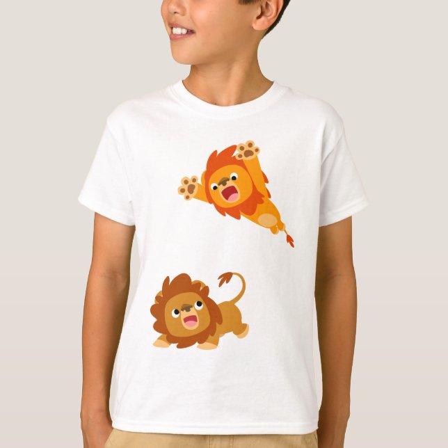 Pouncing and Pounced!! Cartoon Lions Kids T-Shirt (Front)